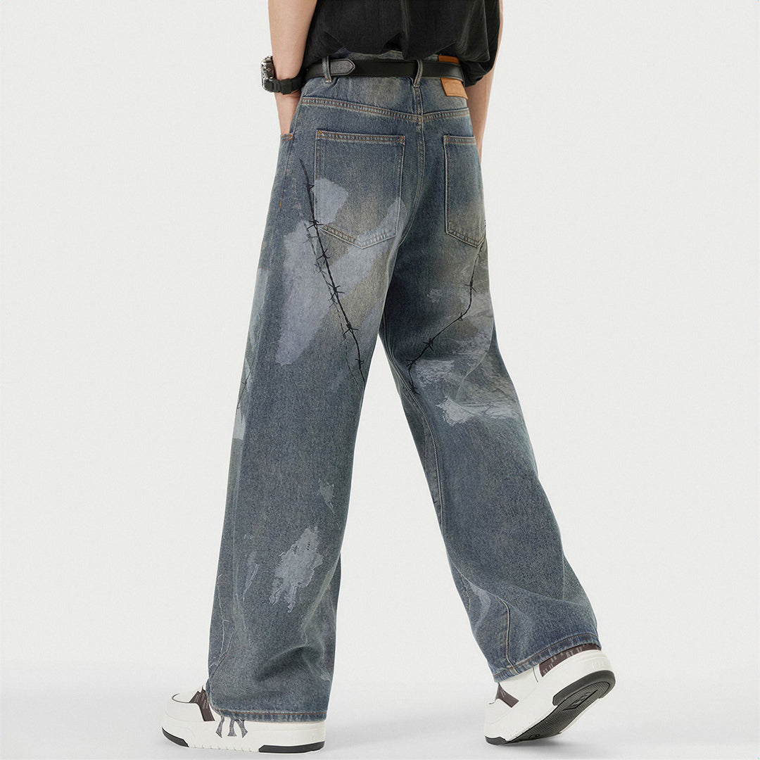 Men's Spring Blue Thorn Graffiti Wide Leg Denim Jeans