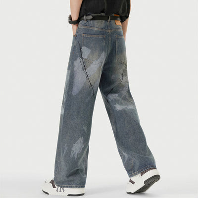 Men's Spring Blue Thorn Graffiti Wide Leg Denim Jeans