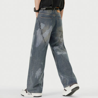 Men's Spring Blue Thorn Graffiti Wide Leg Denim Jeans