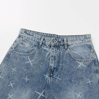 Men's Spring Star Rhinestone Wide Leg Denim Jeans