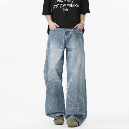 Men's Spring Star Rhinestone Wide Leg Denim Jeans