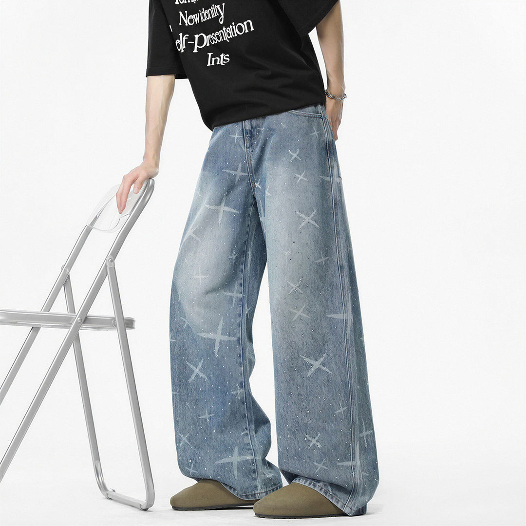 Men's Spring Star Rhinestone Wide Leg Denim Jeans
