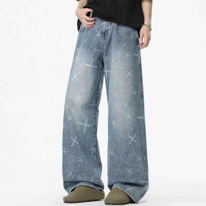 Men's Spring Star Rhinestone Wide Leg Denim Jeans