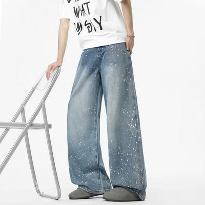 Men's Light Blue Splatter Dot Wide Leg Denim Jeans