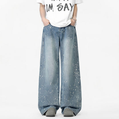 Men's Light Blue Splatter Dot Wide Leg Denim Jeans
