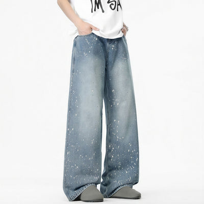 Men's Light Blue Splatter Dot Wide Leg Denim Jeans