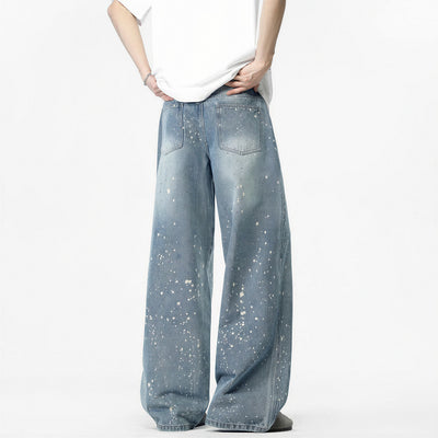 Men's Light Blue Splatter Dot Wide Leg Denim Jeans