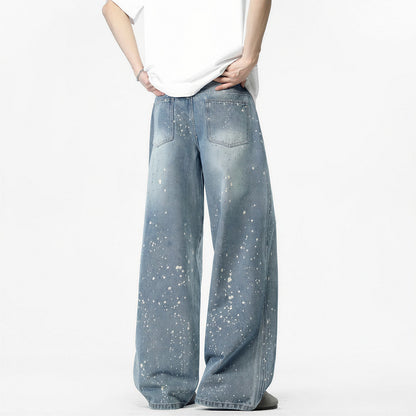 Men's Light Blue Splatter Dot Wide Leg Denim Jeans