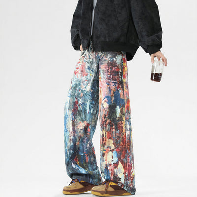 Men's Spring Oil Painting Print Wide Leg Denim Jeans