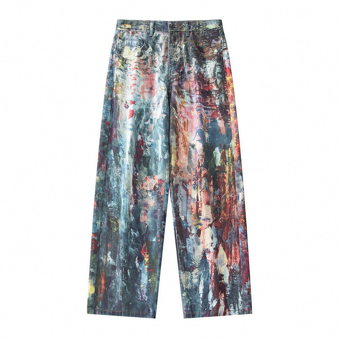 Men's Spring Oil Painting Print Wide Leg Denim Jeans