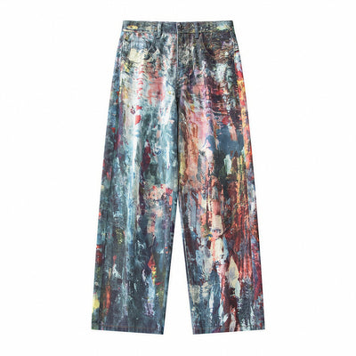 Men's Spring Oil Painting Print Wide Leg Denim Jeans