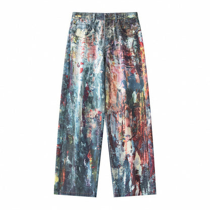 Men's Spring Oil Painting Print Wide Leg Denim Jeans