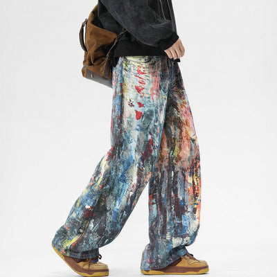 Men's Spring Oil Painting Print Wide Leg Denim Jeans