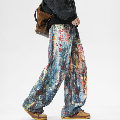 Men's Spring Oil Painting Print Wide Leg Denim Jeans