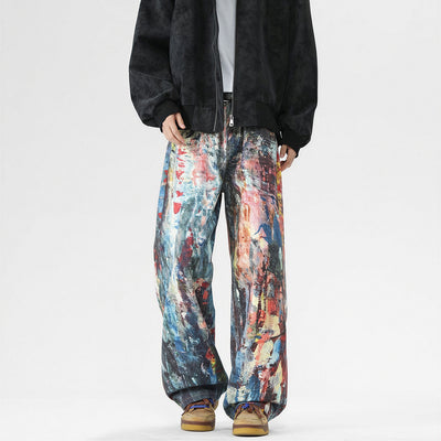 Men's Spring Oil Painting Print Wide Leg Denim Jeans