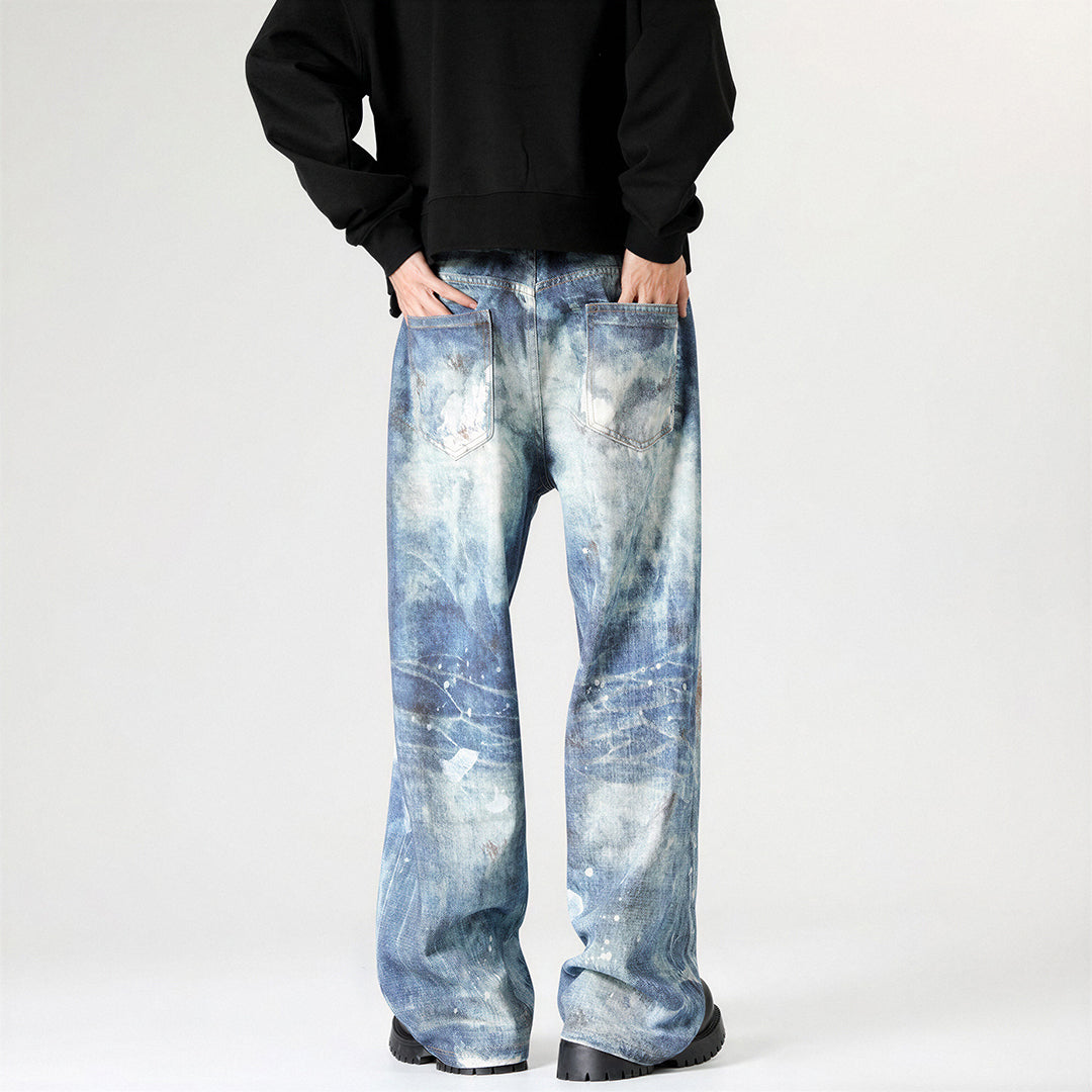 Men's Spring Heavily Washed Splatter Wide Leg Denim Jeans