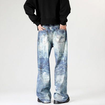 Men's Spring Heavily Washed Splatter Wide Leg Denim Jeans