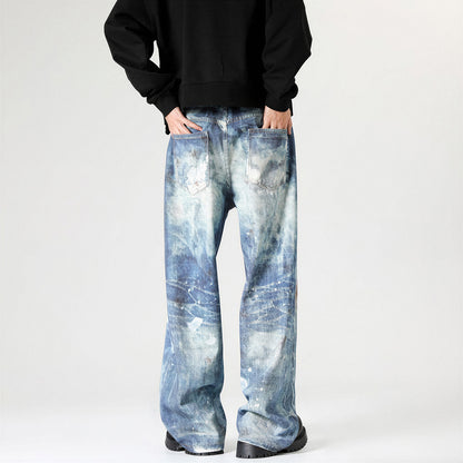 Men's Spring Heavily Washed Splatter Wide Leg Denim Jeans