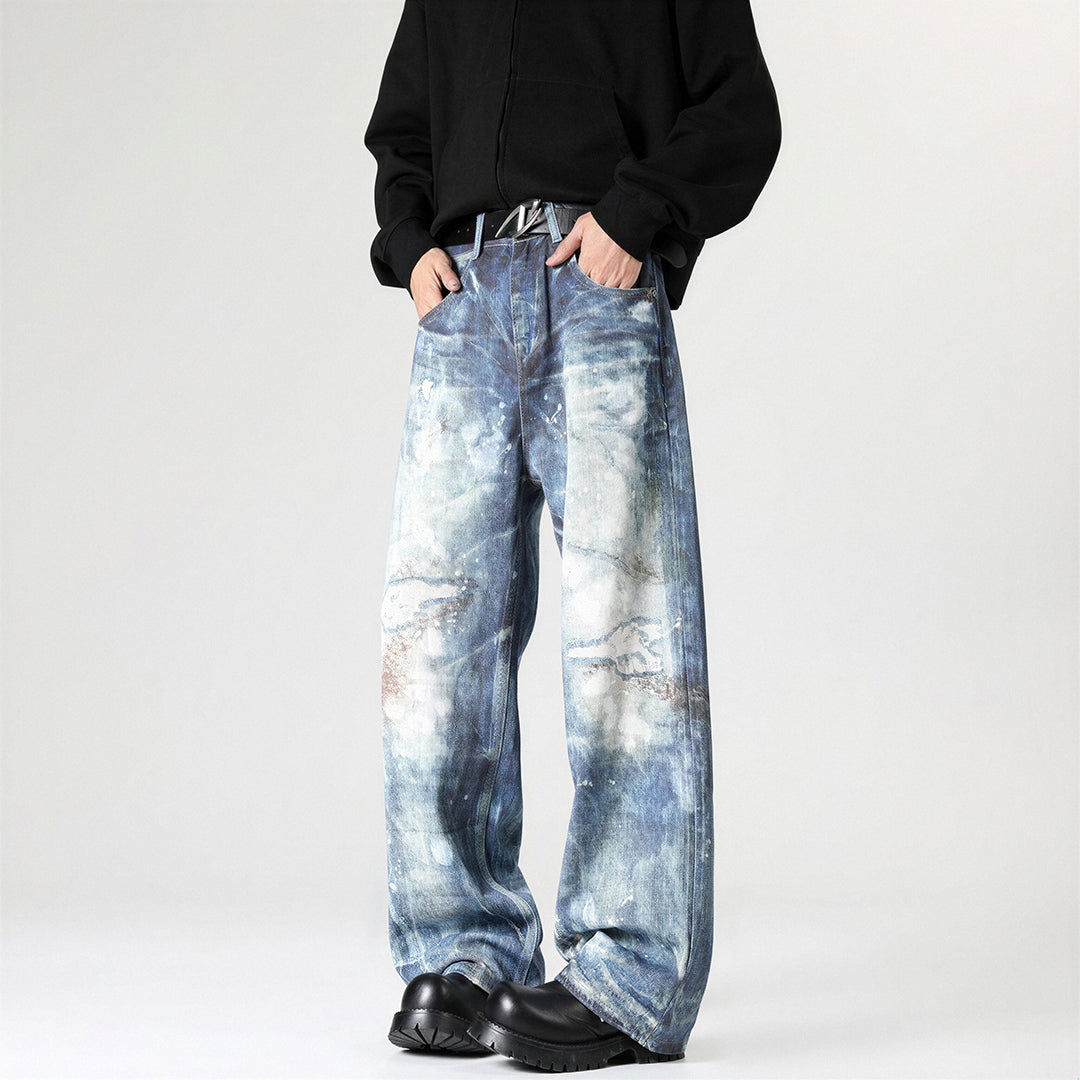 Men's Spring Heavily Washed Splatter Wide Leg Denim Jeans