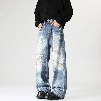 Men's Spring Heavily Washed Splatter Wide Leg Denim Jeans