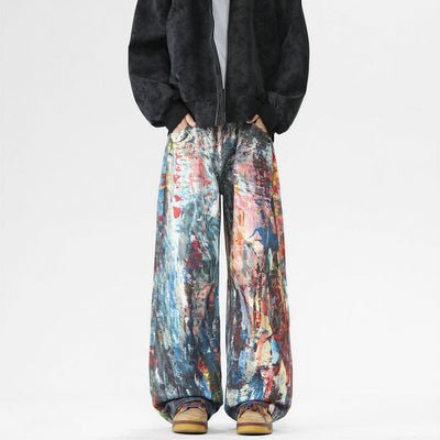 Men's Spring Oil Painting Print Wide Leg Denim Jeans