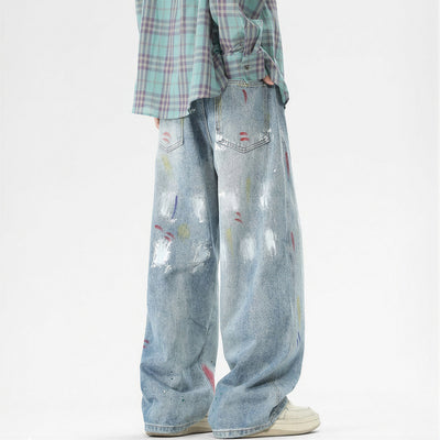 Men's Spring Washed Splatter Ripped Wide Leg Jeans