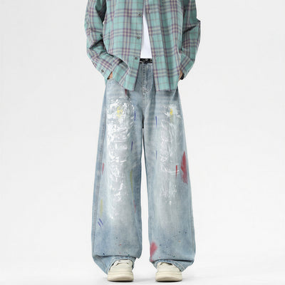 Men's Spring Washed Splatter Ripped Wide Leg Jeans