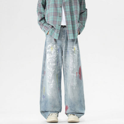 Men's Spring Washed Splatter Ripped Wide Leg Jeans