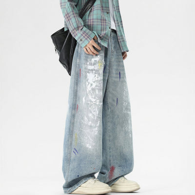 Men's Spring Washed Splatter Ripped Wide Leg Jeans