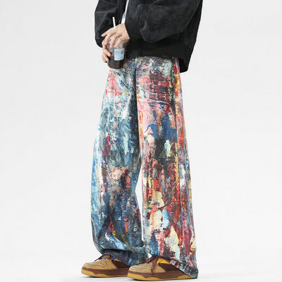 Men's Spring Oil Painting Print Wide Leg Denim Jeans