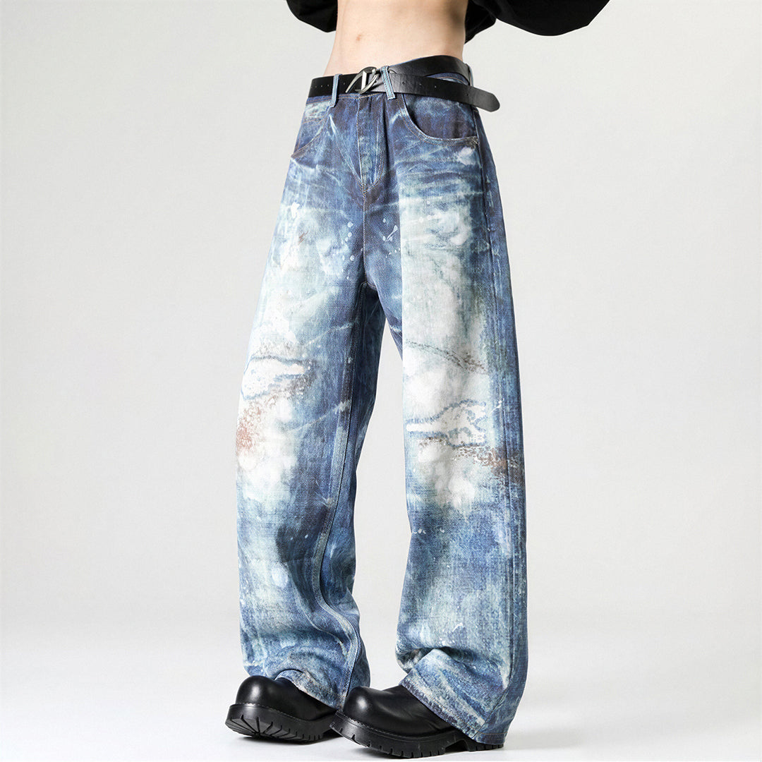 Men's Spring Heavily Washed Splatter Wide Leg Denim Jeans