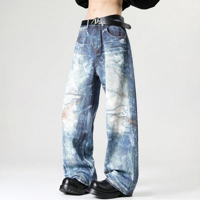Men's Spring Heavily Washed Splatter Wide Leg Denim Jeans