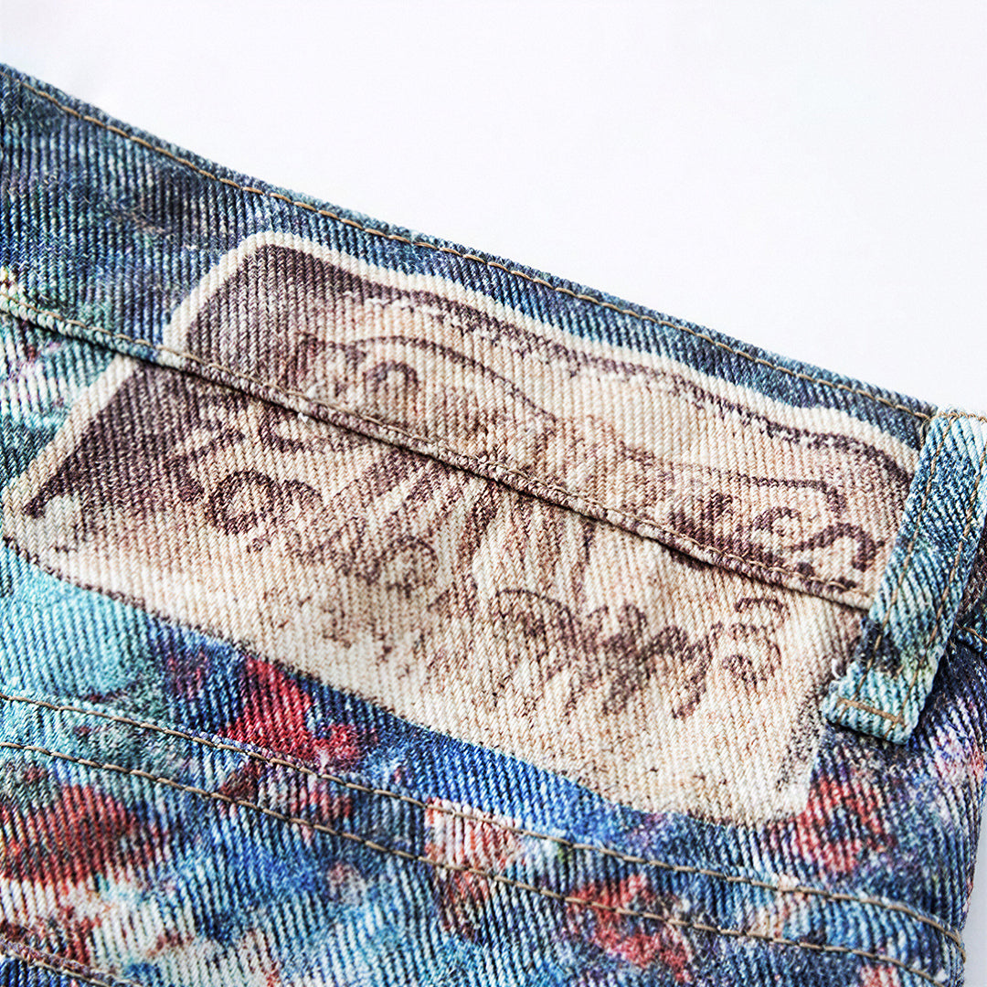 Men's Spring Oil Painting Print Wide Leg Denim Jeans