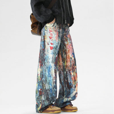 Men's Spring Oil Painting Print Wide Leg Denim Jeans