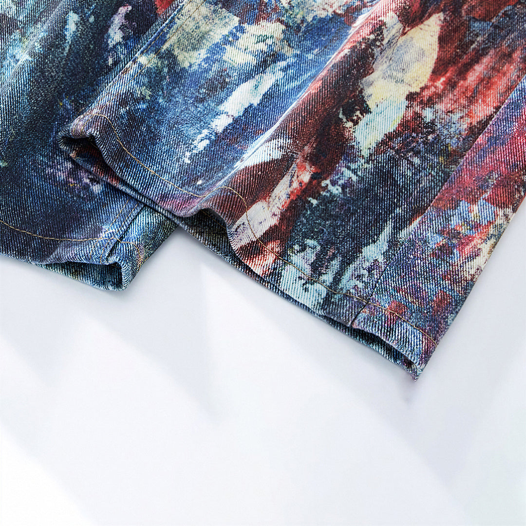 Men's Spring Oil Painting Print Wide Leg Denim Jeans
