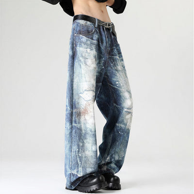 Men's Spring Heavily Washed Splatter Wide Leg Denim Jeans