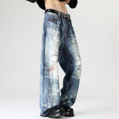 Men's Spring Heavily Washed Splatter Wide Leg Denim Jeans