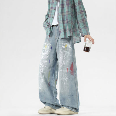 Men's Spring Washed Splatter Ripped Wide Leg Jeans