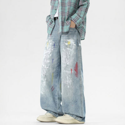 Men's Spring Washed Splatter Ripped Wide Leg Jeans