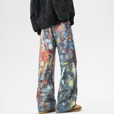 Men's Spring Oil Painting Print Wide Leg Denim Jeans