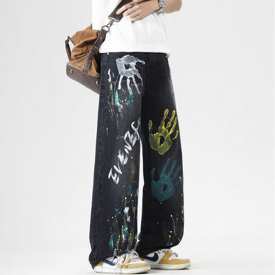 Men's Spring Two-Tone Palm Graffiti Wide Leg Denim Jeans