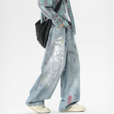 Men's Spring Washed Splatter Ripped Wide Leg Jeans