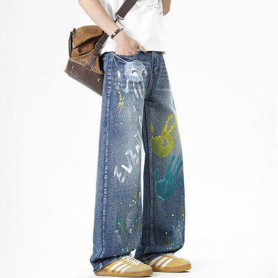 Men's Spring Two-Tone Palm Graffiti Wide Leg Denim Jeans