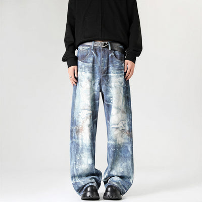 Men's Spring Heavily Washed Splatter Wide Leg Denim Jeans