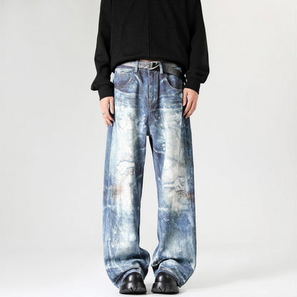 Men's Spring Heavily Washed Splatter Wide Leg Denim Jeans