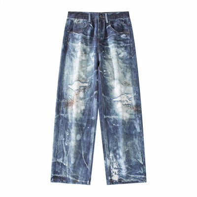 Men's Spring Heavily Washed Splatter Wide Leg Denim Jeans