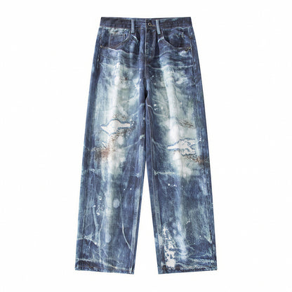 Men's Spring Heavily Washed Splatter Wide Leg Denim Jeans