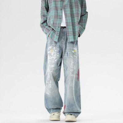 Men's Spring Washed Splatter Ripped Wide Leg Jeans