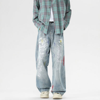 Men's Spring Washed Splatter Ripped Wide Leg Jeans