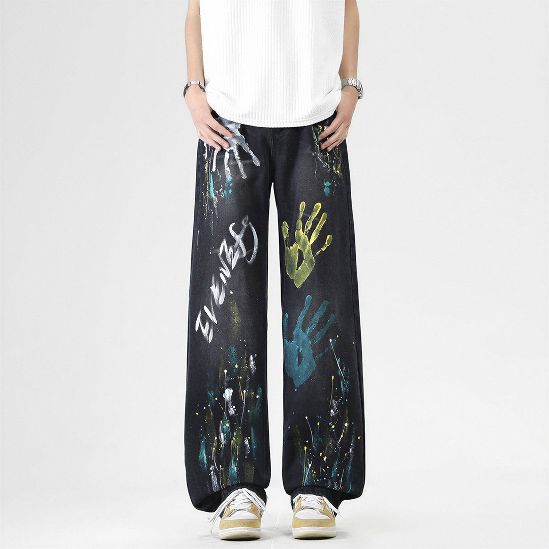 Men's Spring Two-Tone Palm Graffiti Wide Leg Denim Jeans